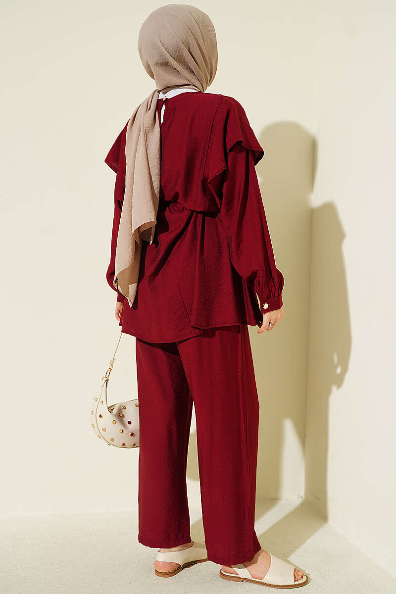 Belted Ruffled Shoulder Two-Piece Set Burgundy - الصورة 3