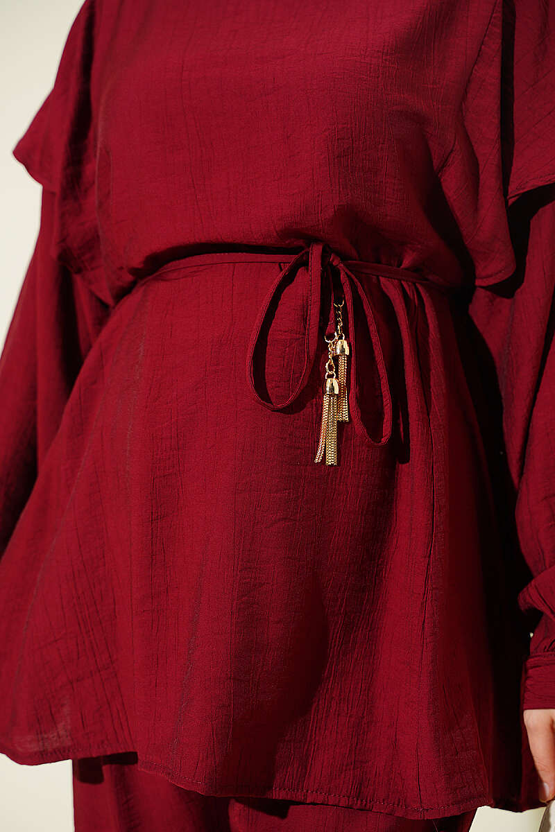 Belted Ruffled Shoulder Two-Piece Set Burgundy - الصورة 4
