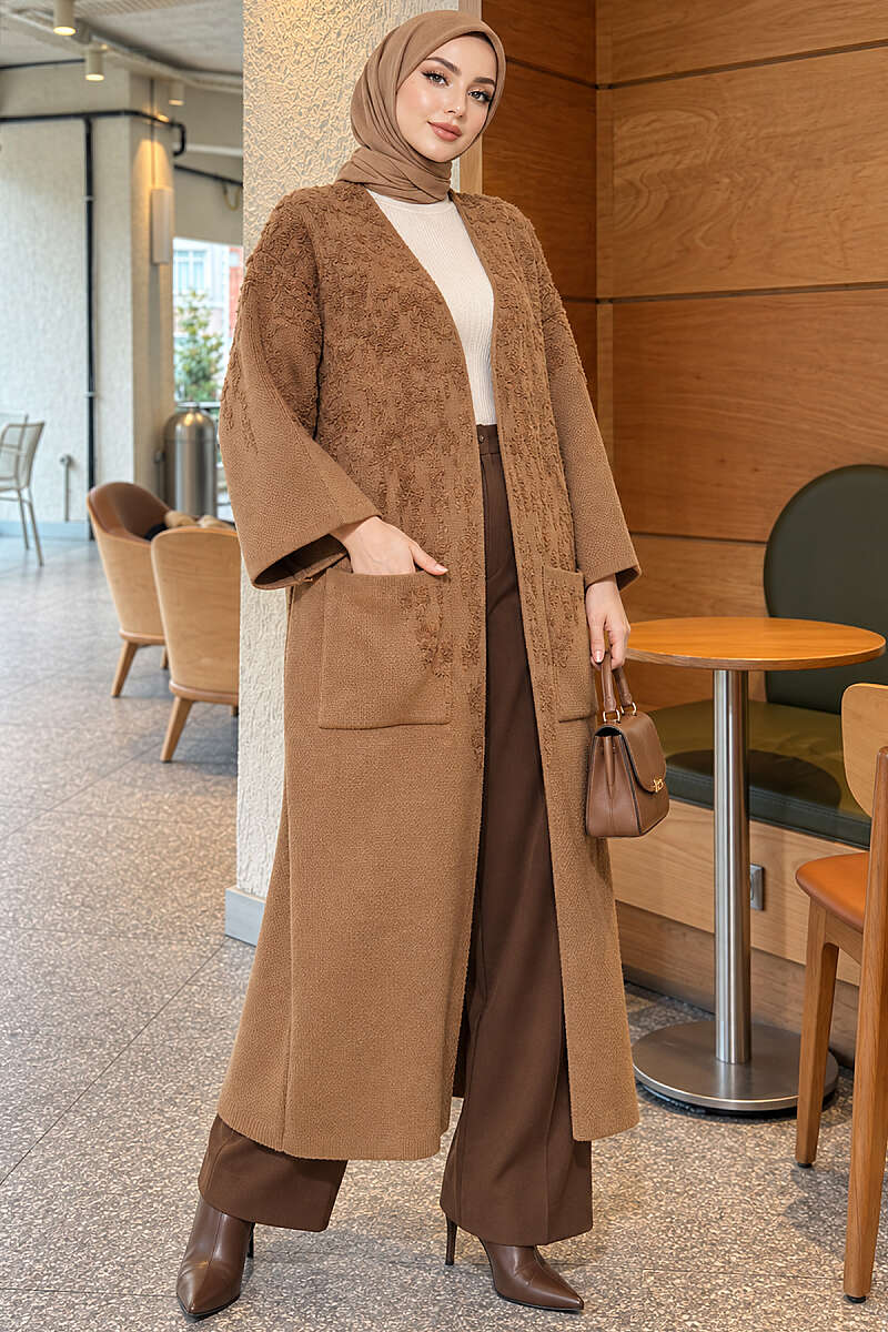 Textured Pocket Long Knit Cardigan Latte