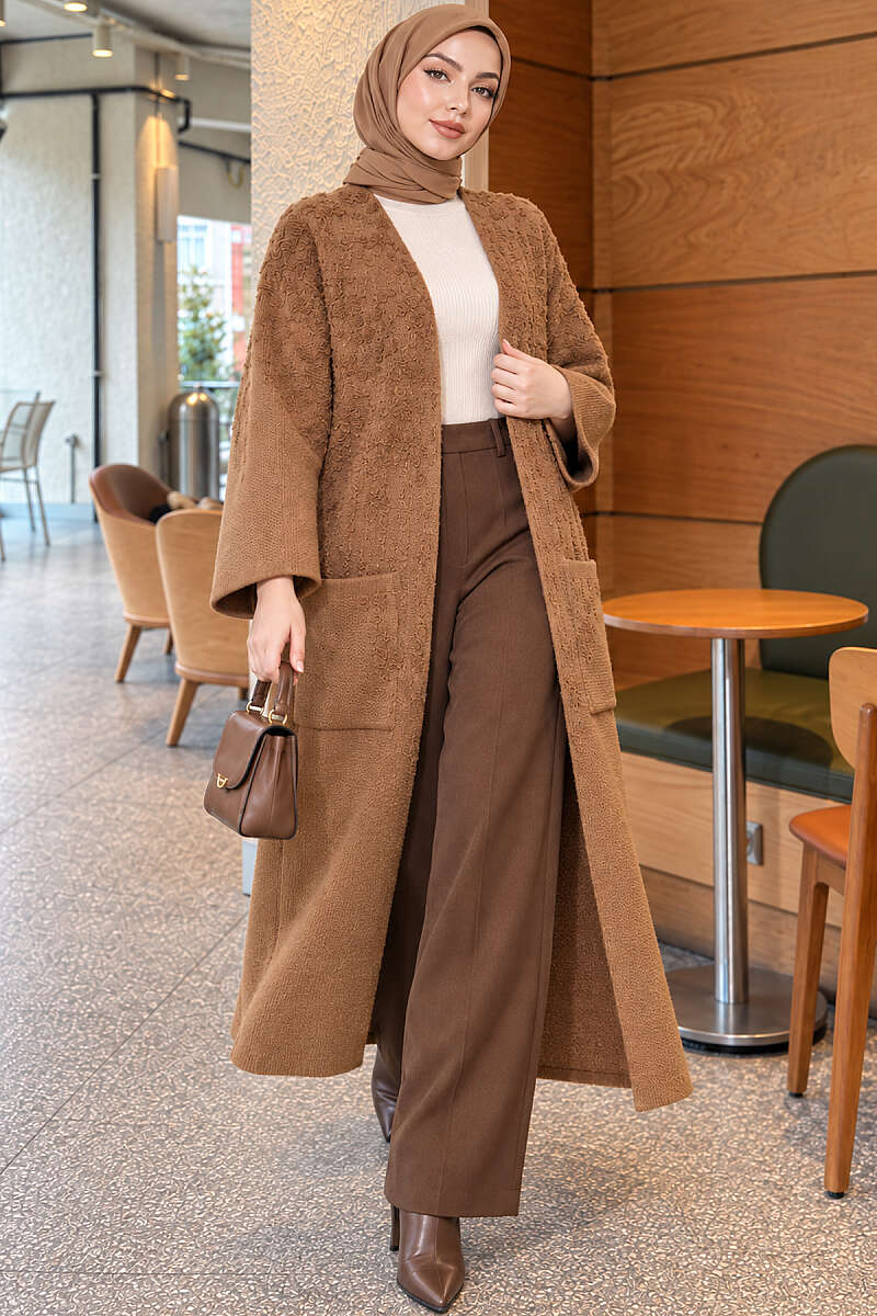Textured Pocket Long Knit Cardigan Latte – Image 2