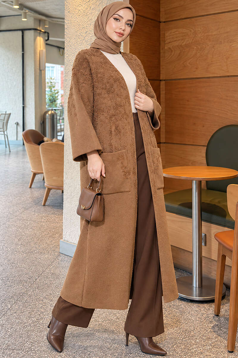 Textured Pocket Long Knit Cardigan Latte – Image 3