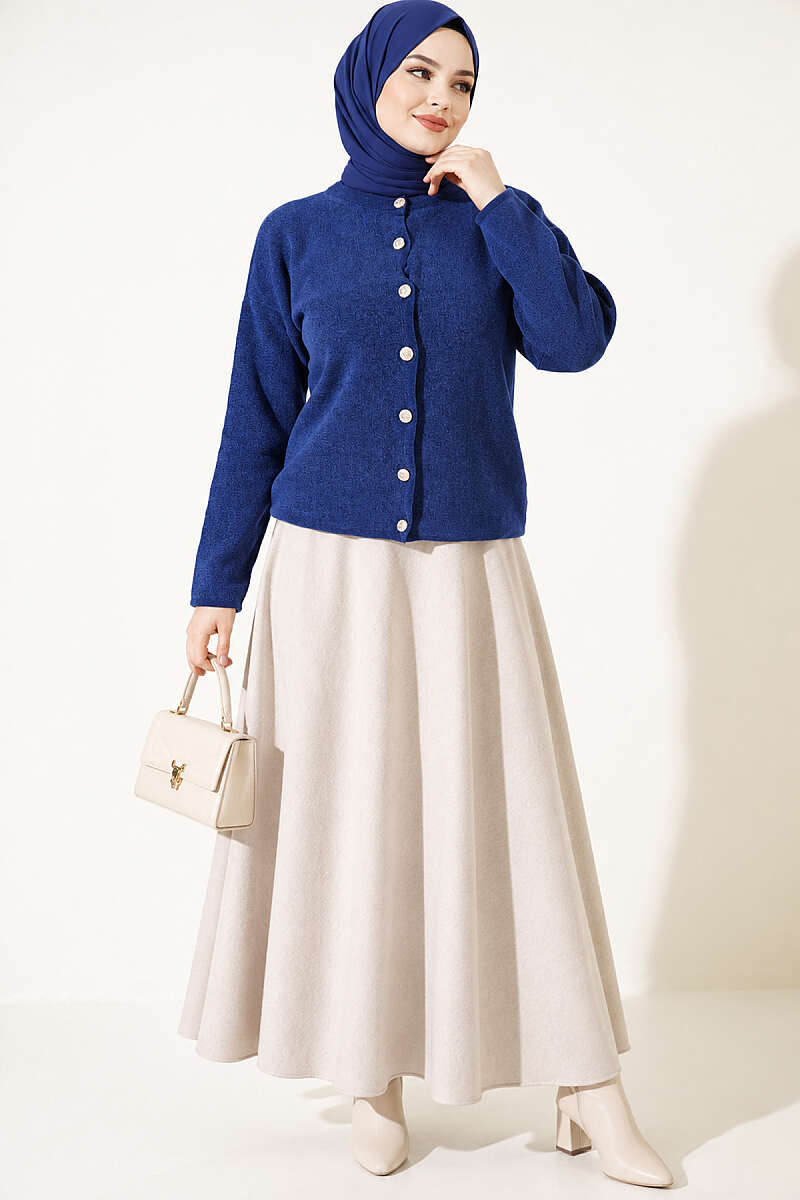 Velvet-Look Special Chenille Cardigan Navy Blue – Image 2