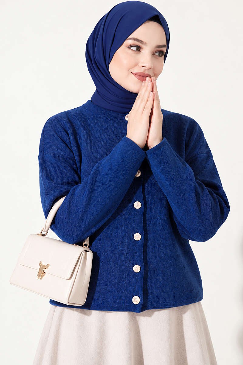 Velvet-Look Special Chenille Cardigan Navy Blue – Image 3
