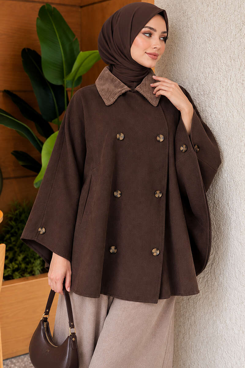 Velvet-Collared Buttoned Cape Brown - Imagen 3