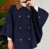 Velvet-Collared Buttoned Cape Navy Blue