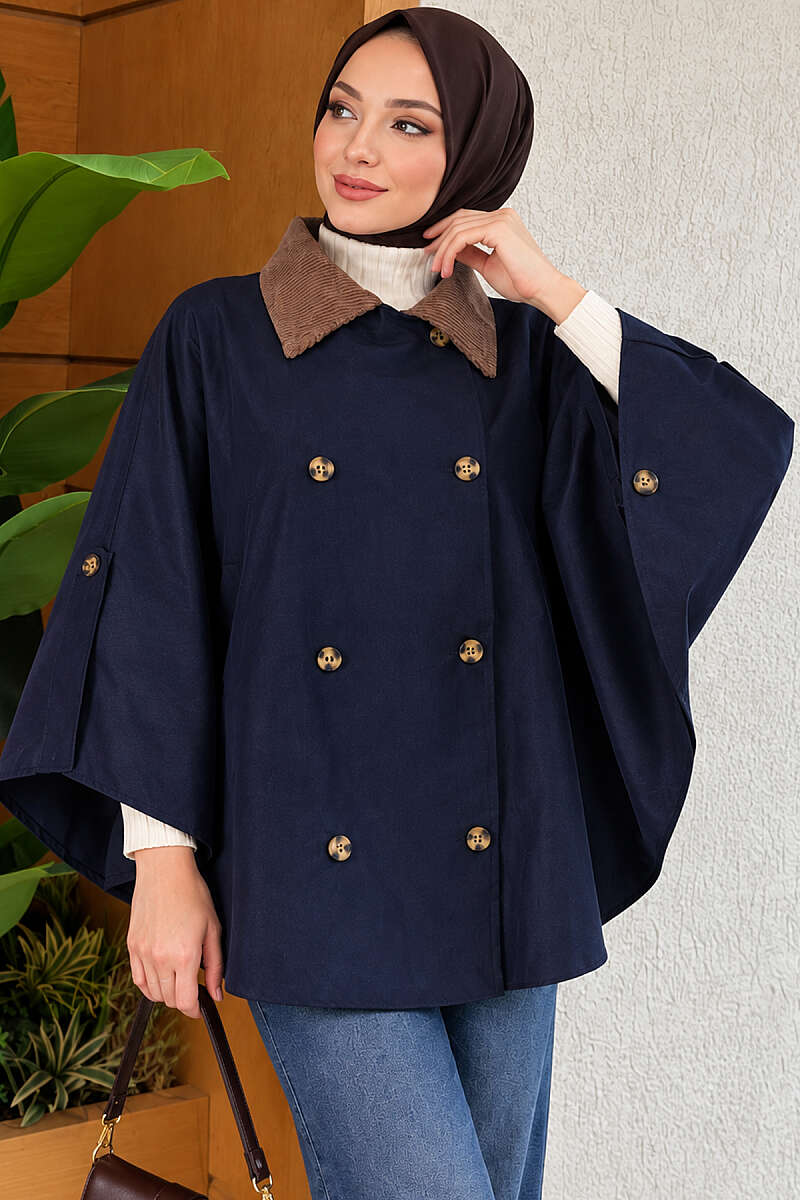 Velvet-Collared Buttoned Cape Navy Blue