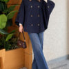 Velvet-Collared Buttoned Cape Navy Blue - immagine 2