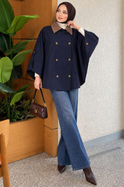 Alternative view of Velvet-Collared Buttoned Cape Navy Blue