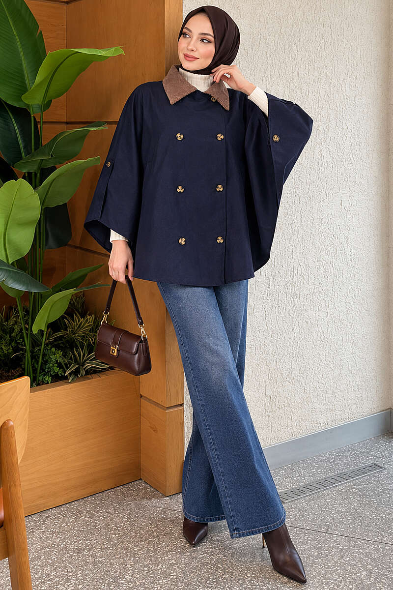 Velvet-Collared Buttoned Cape Navy Blue - immagine 2