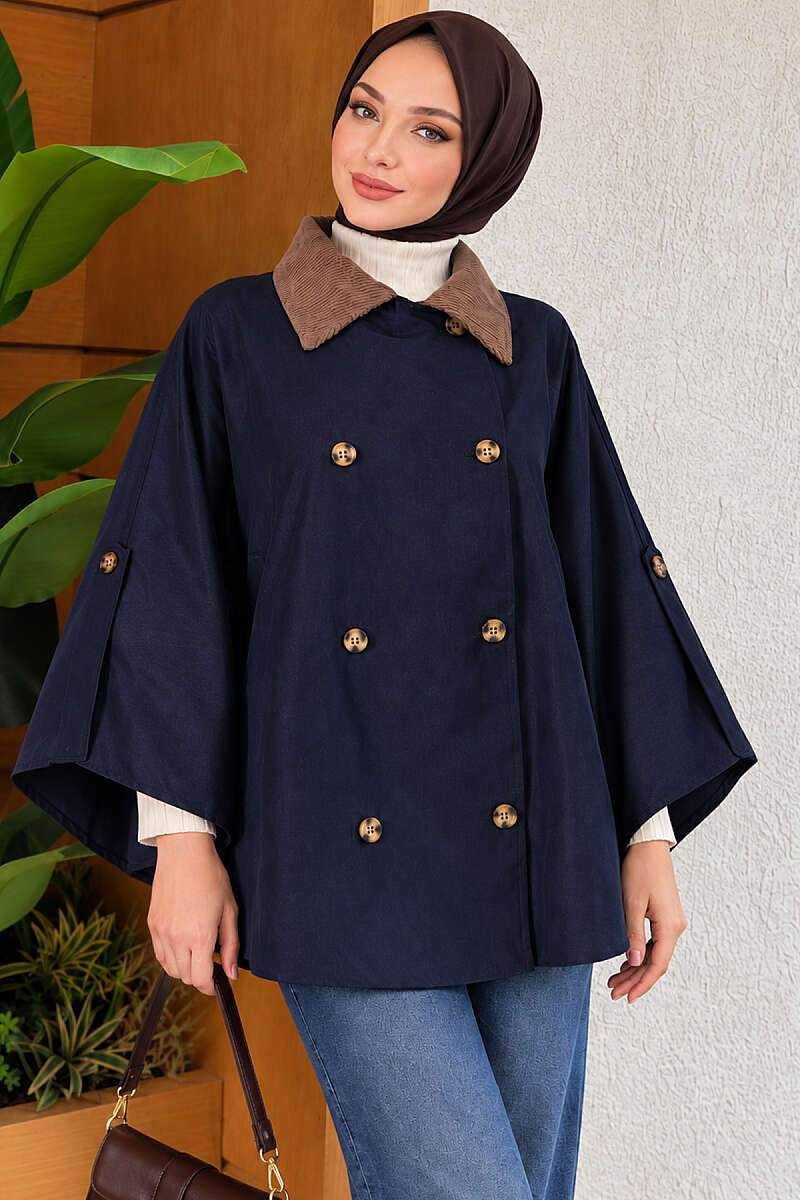 Velvet-Collared Buttoned Cape Navy Blue - immagine 3