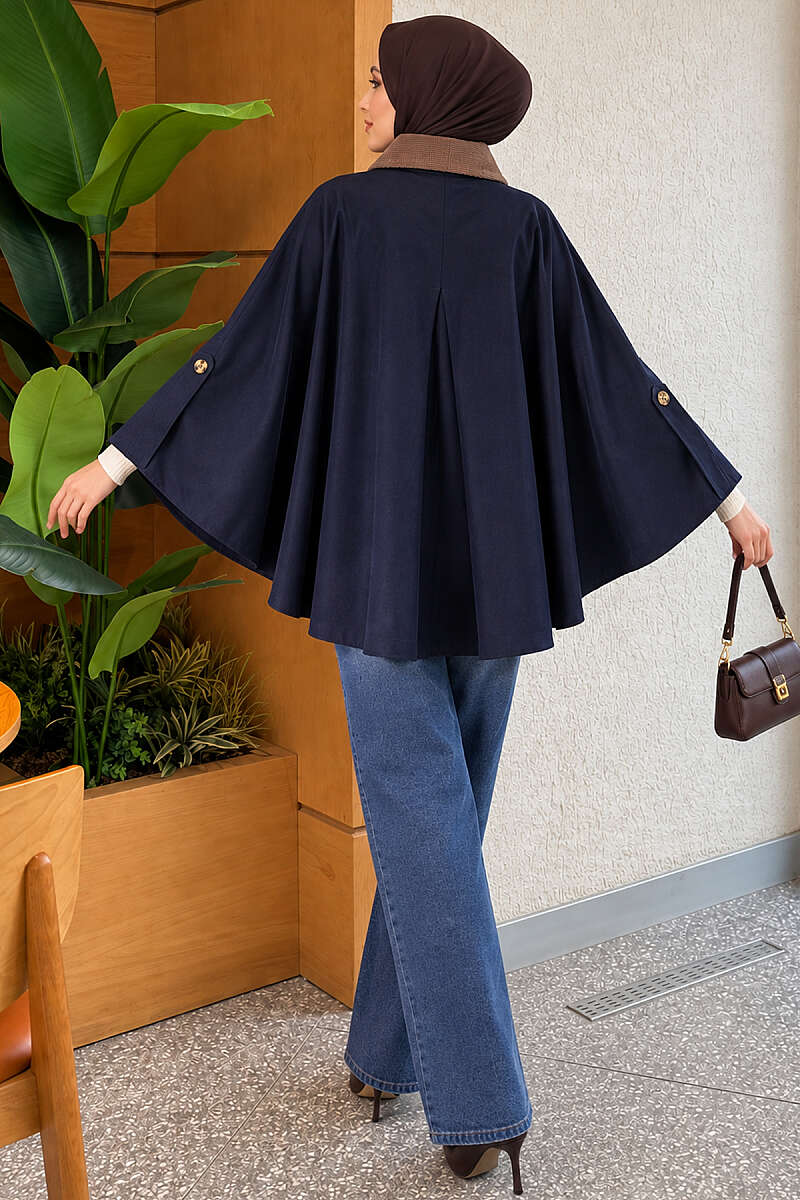 Velvet-Collared Buttoned Cape Navy Blue - immagine 4