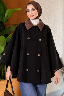 Alternative view of Velvet-Collared Buttoned Cape Black