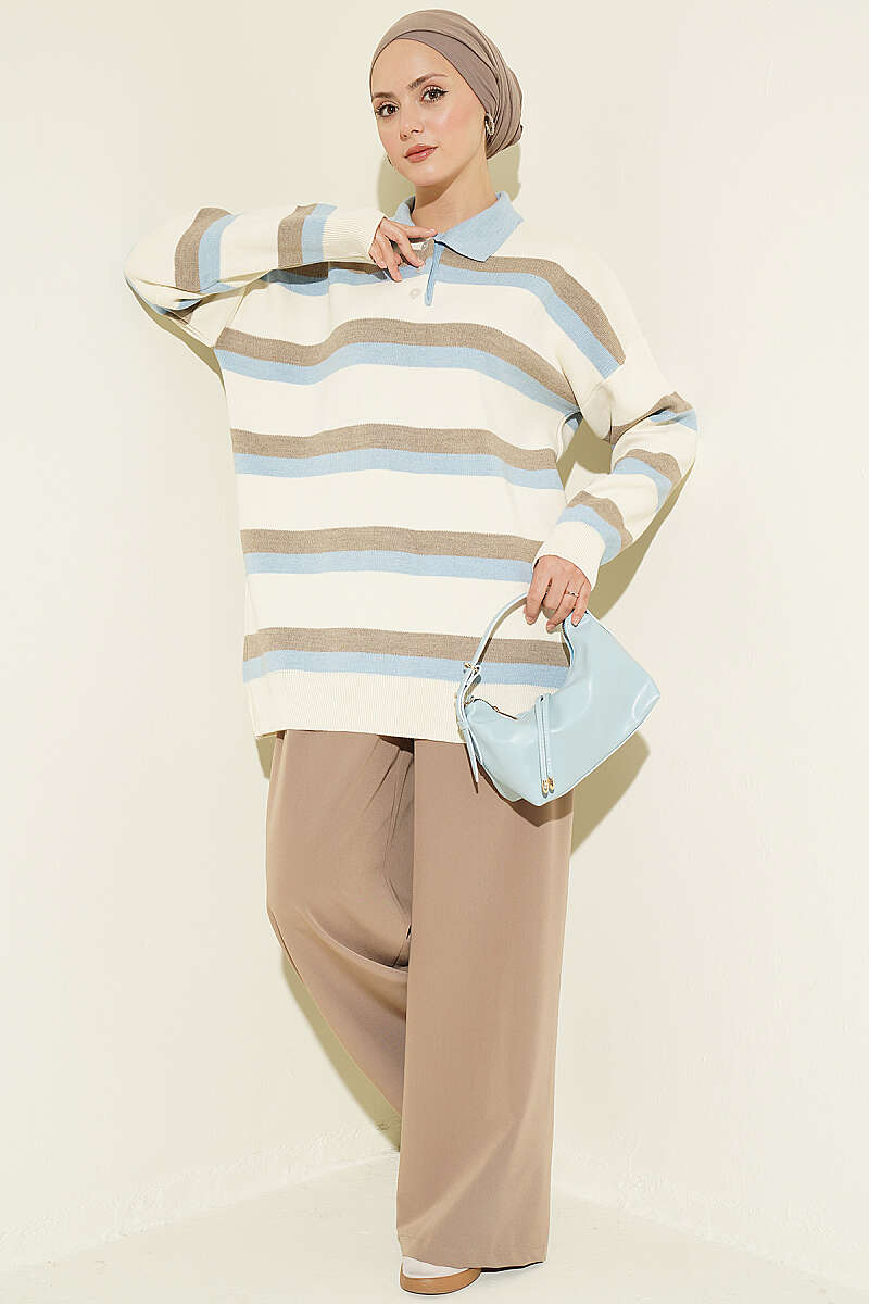 Thick Striped Buttoned Knit Tunic Ecru – Bild 2