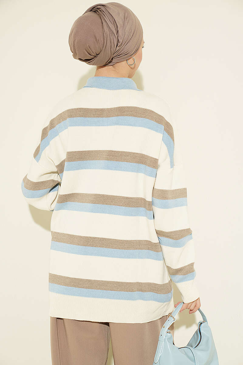 Thick Striped Buttoned Knit Tunic Ecru – Bild 3