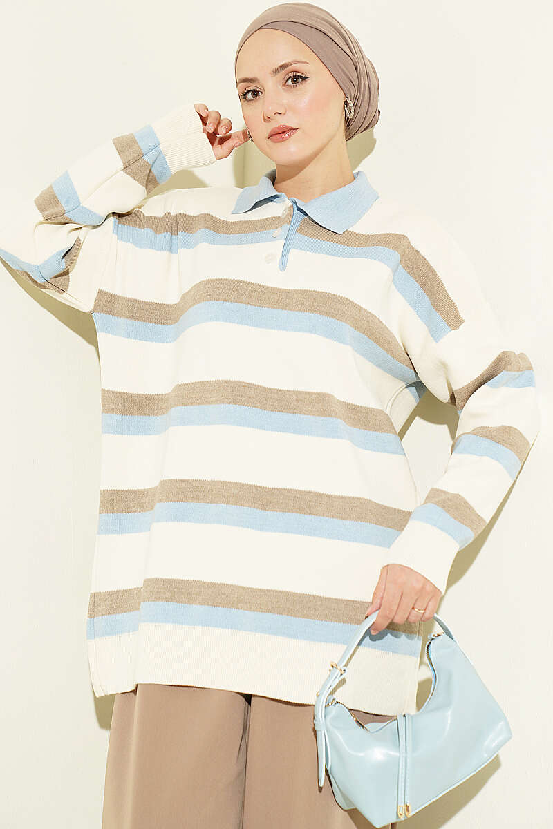 Thick Striped Buttoned Knit Tunic Ecru