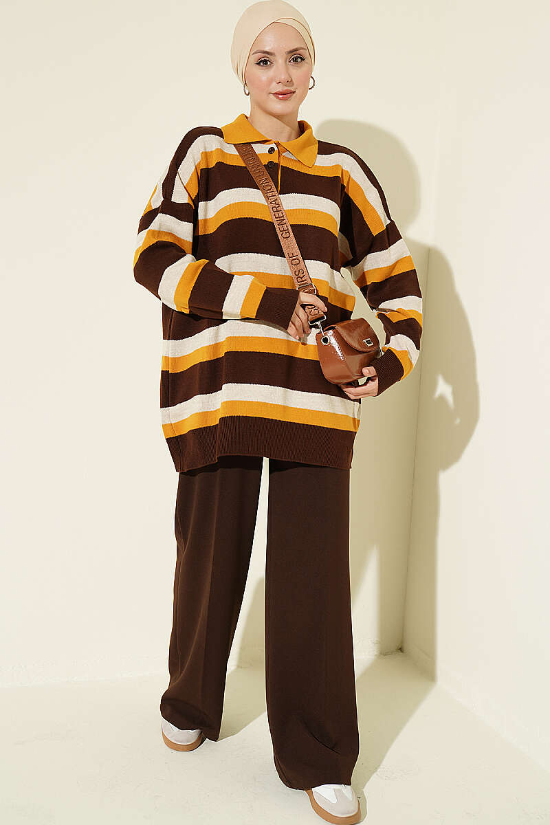 Thick Striped Buttoned Knit Tunic Mustard - الصورة 2