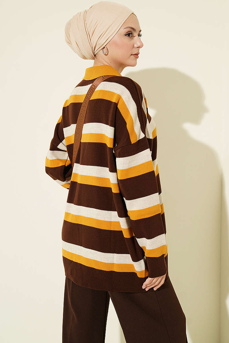 Thick Striped Buttoned Knit Tunic Mustard - الصورة 3