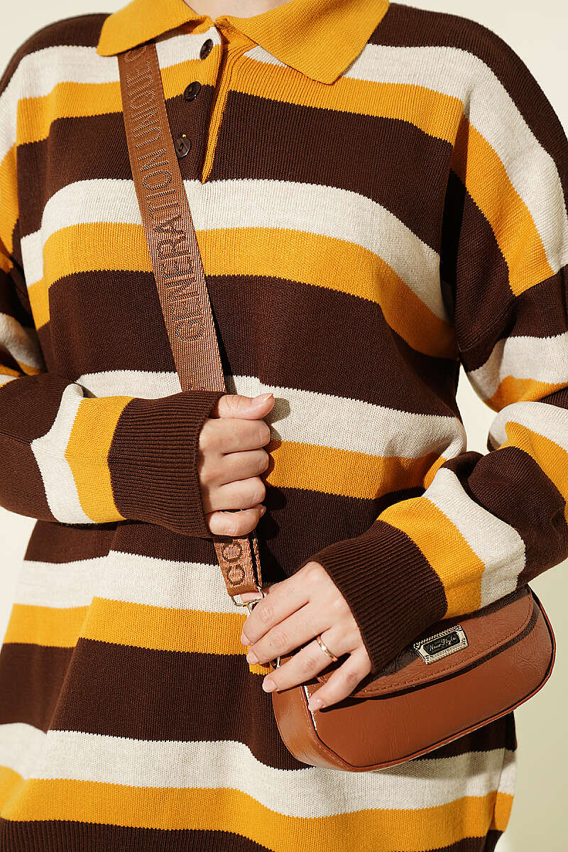Thick Striped Buttoned Knit Tunic Mustard - الصورة 4