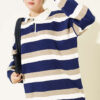 Thick Striped Buttoned Knit Tunic Navy Blue