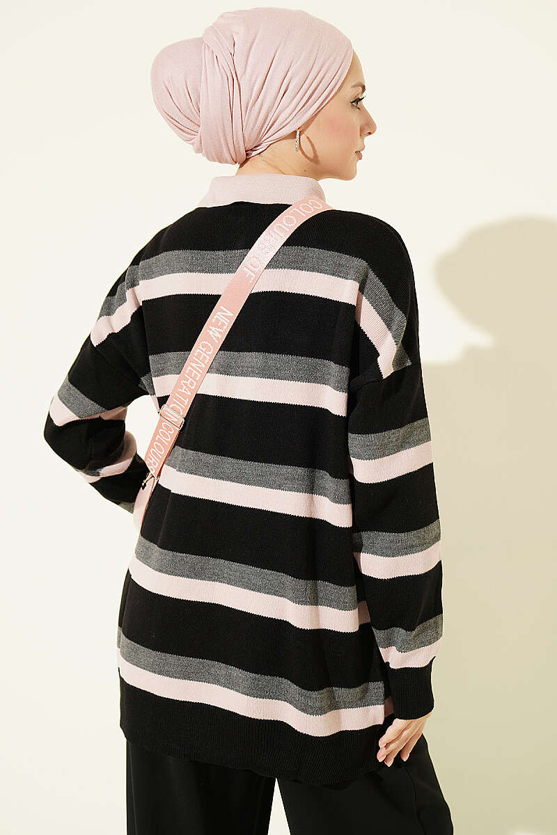 Thick Striped Buttoned Knit Tunic Black – Bild 3