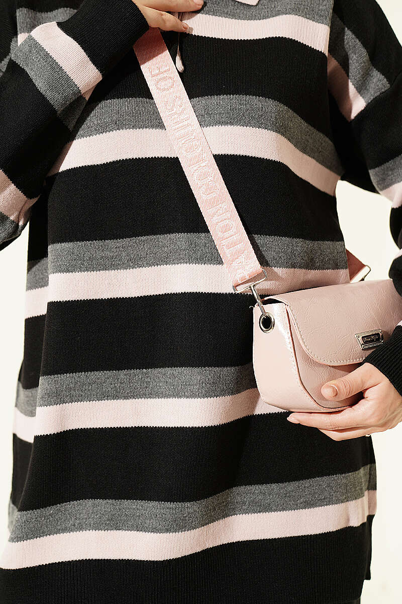 Thick Striped Buttoned Knit Tunic Black – Bild 4