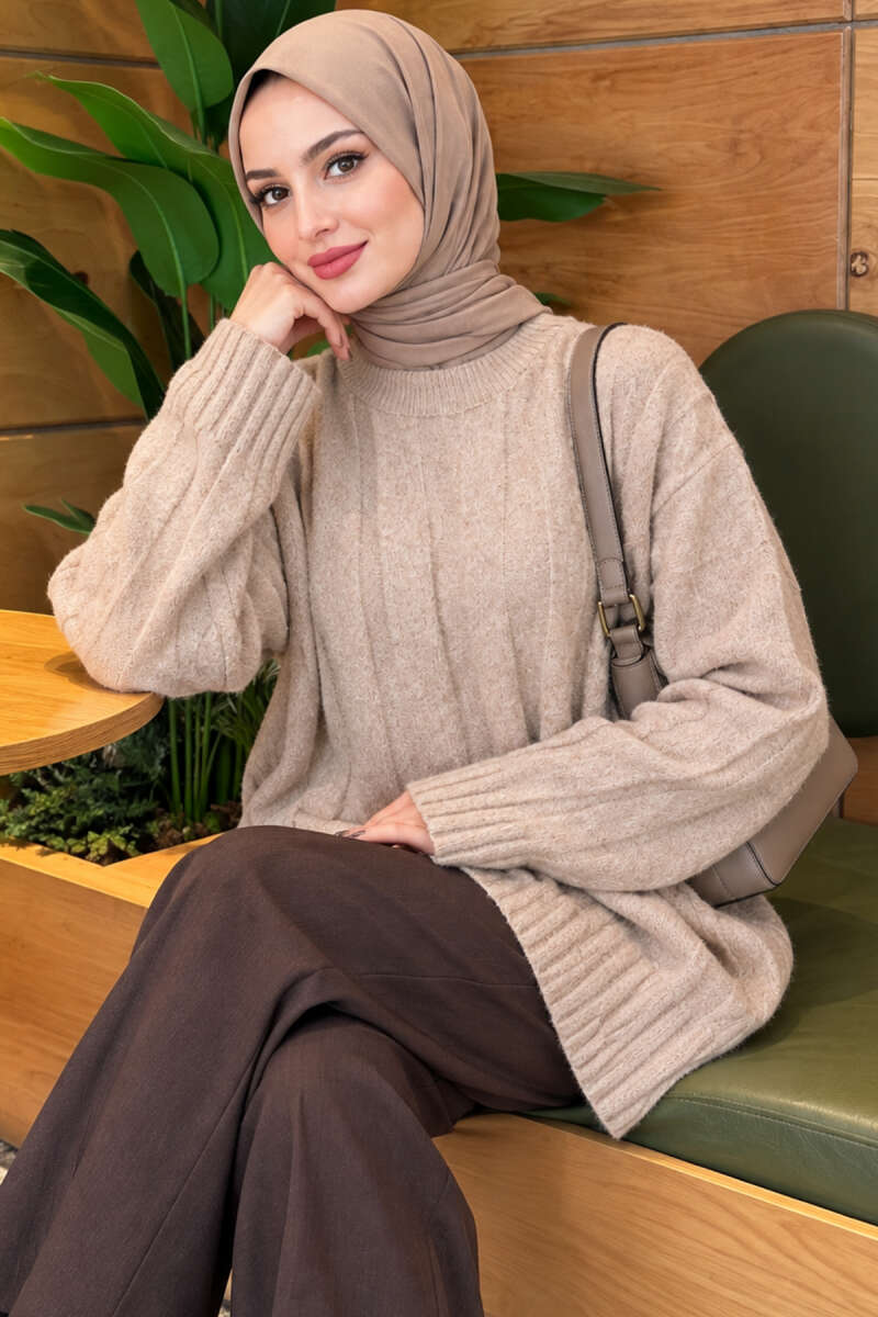 Thick Ribbed Knit Tunic Beige