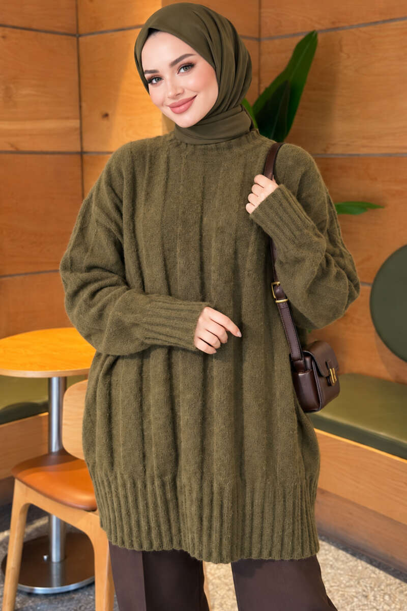 Thick Ribbed Knit Tunic Khaki