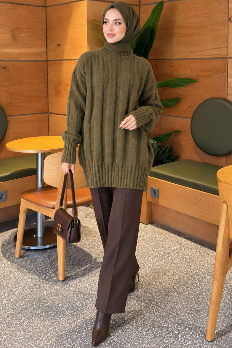Thick Ribbed Knit Tunic Khaki - الصورة 2