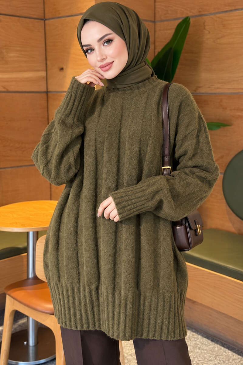 Thick Ribbed Knit Tunic Khaki - الصورة 3