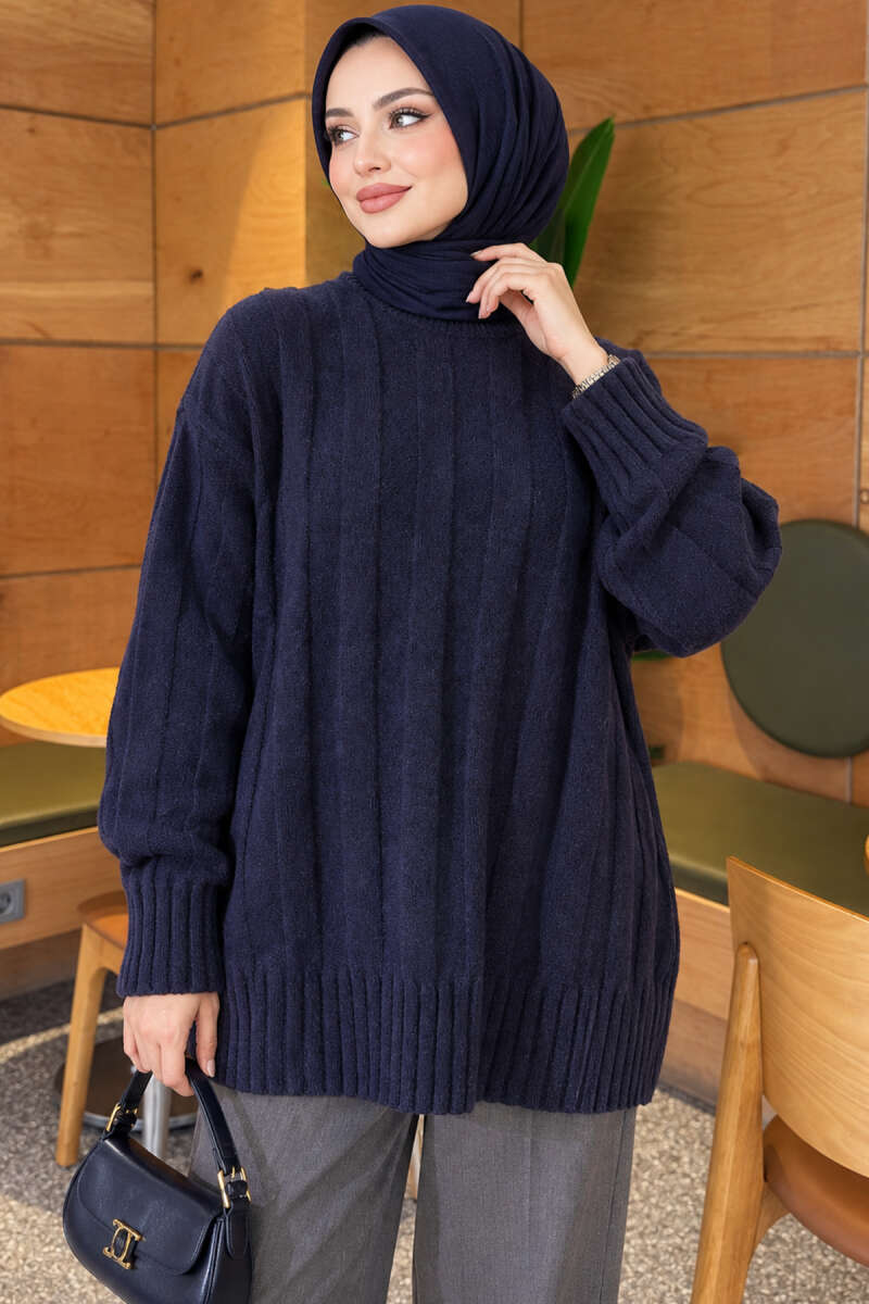 Thick Ribbed Knit Tunic Navy Blue