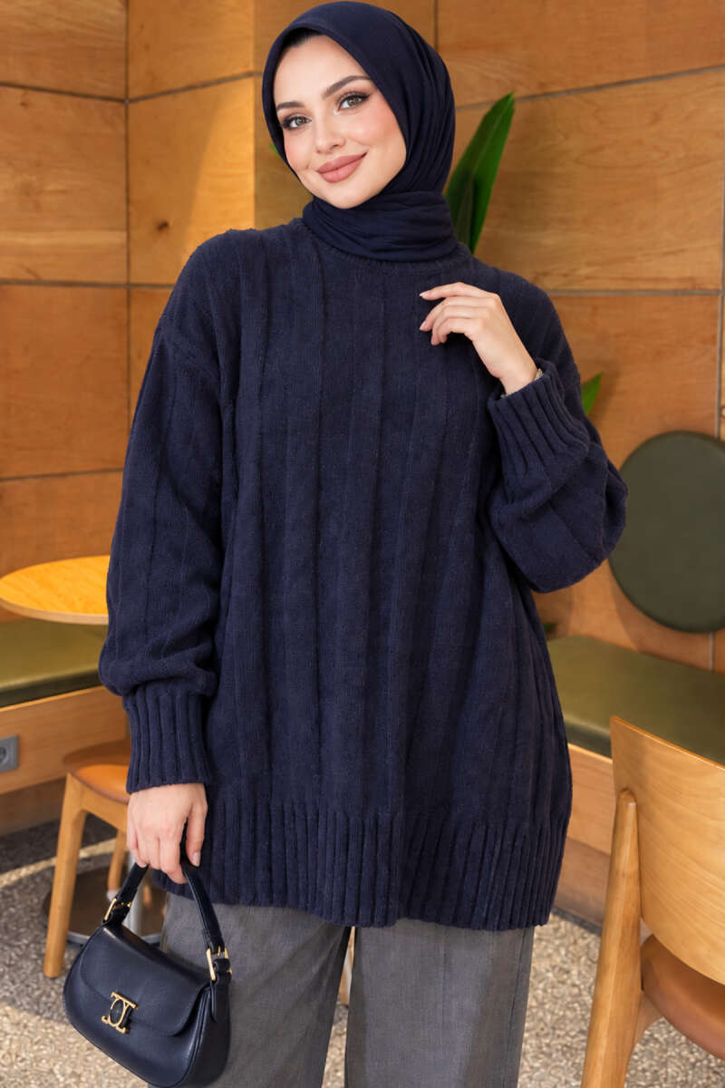 Thick Ribbed Knit Tunic Navy Blue - Imagen 3