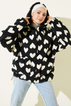 Heart-Printed Plush Cardigan Black