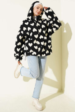 Alternative view of Heart-Printed Plush Cardigan Black