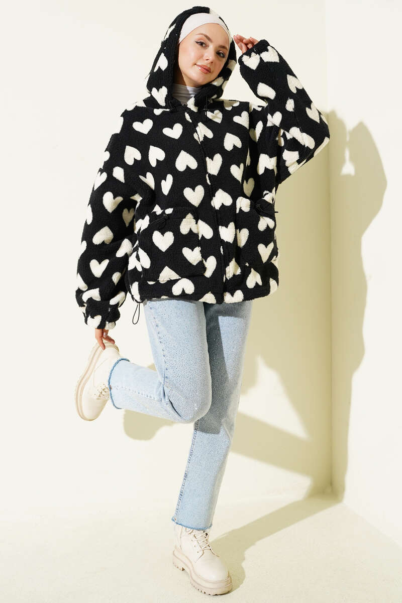 Heart-Printed Plush Cardigan Black - Imagen 2