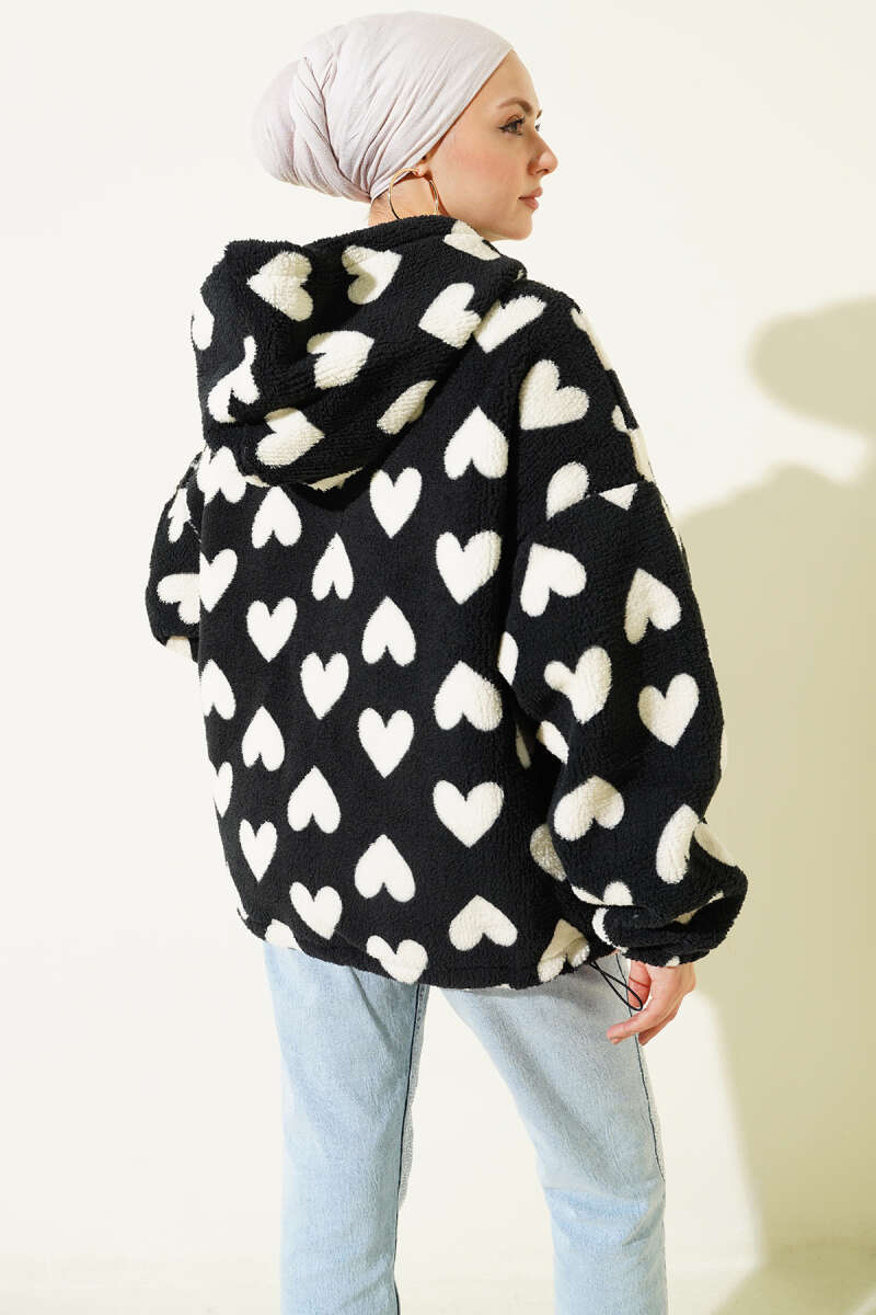 Heart-Printed Plush Cardigan Black - Imagen 3