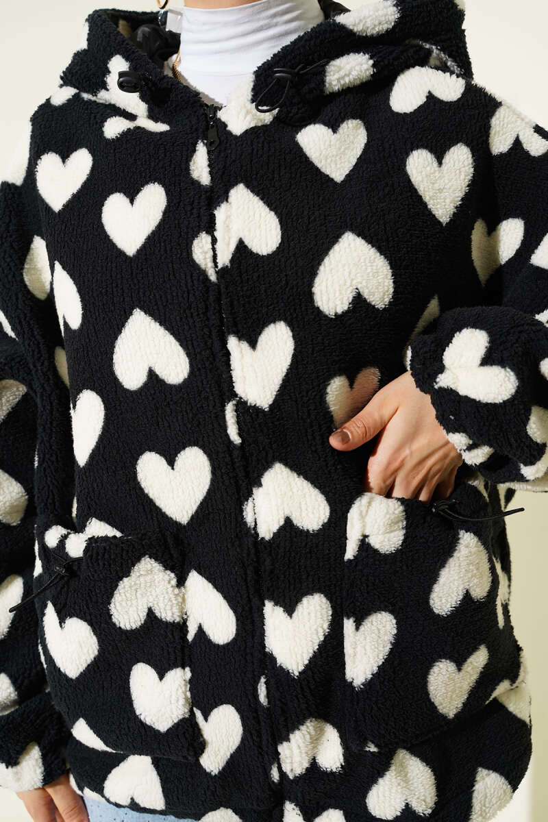 Heart-Printed Plush Cardigan Black - Imagen 4