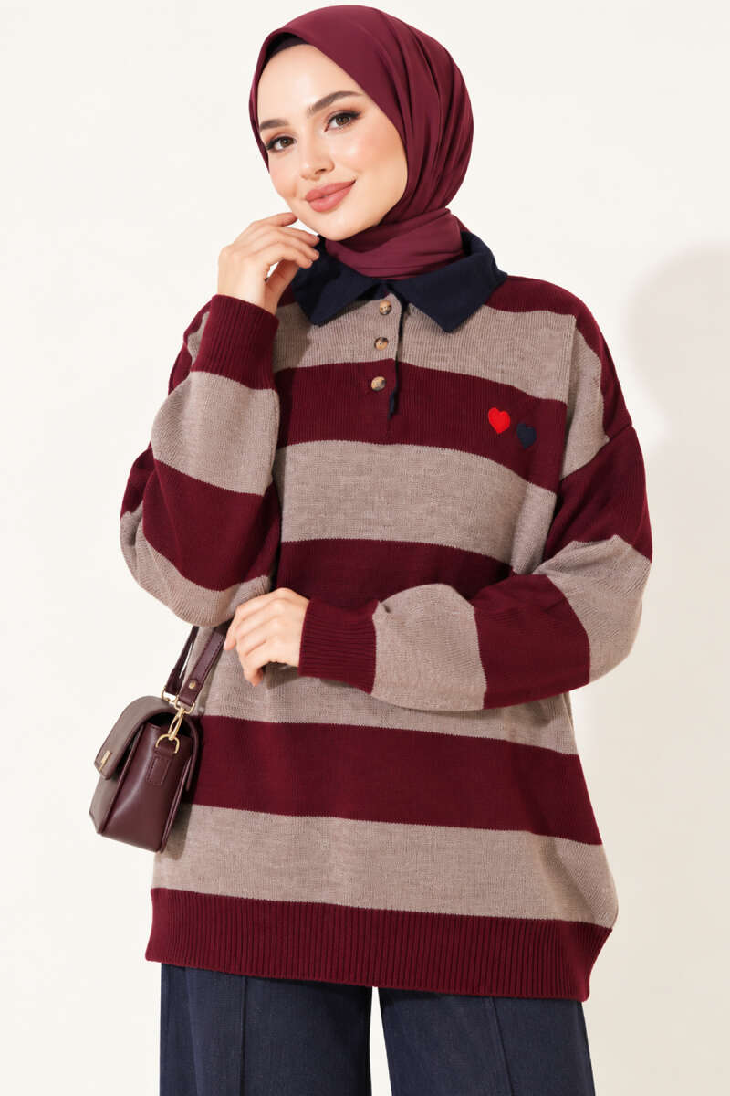 Heart-Embroidered Shirt Collar Tunic Burgundy