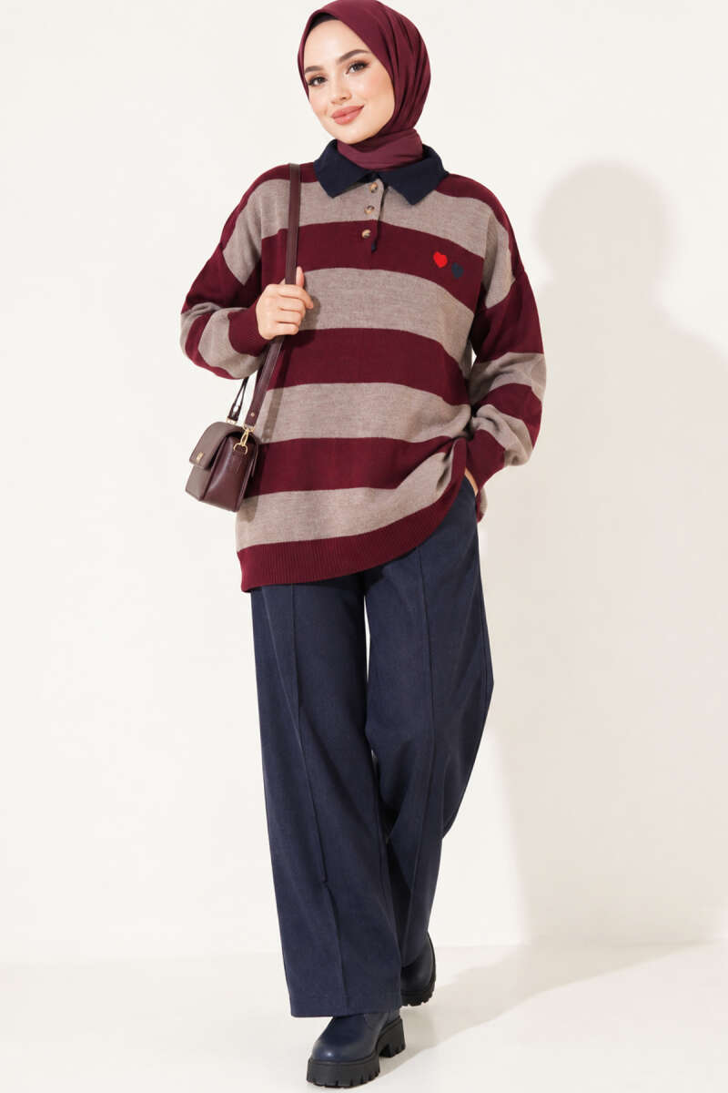 Heart-Embroidered Shirt Collar Tunic Burgundy – Bild 2