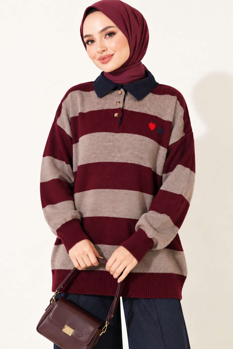 Heart-Embroidered Shirt Collar Tunic Burgundy – Bild 3