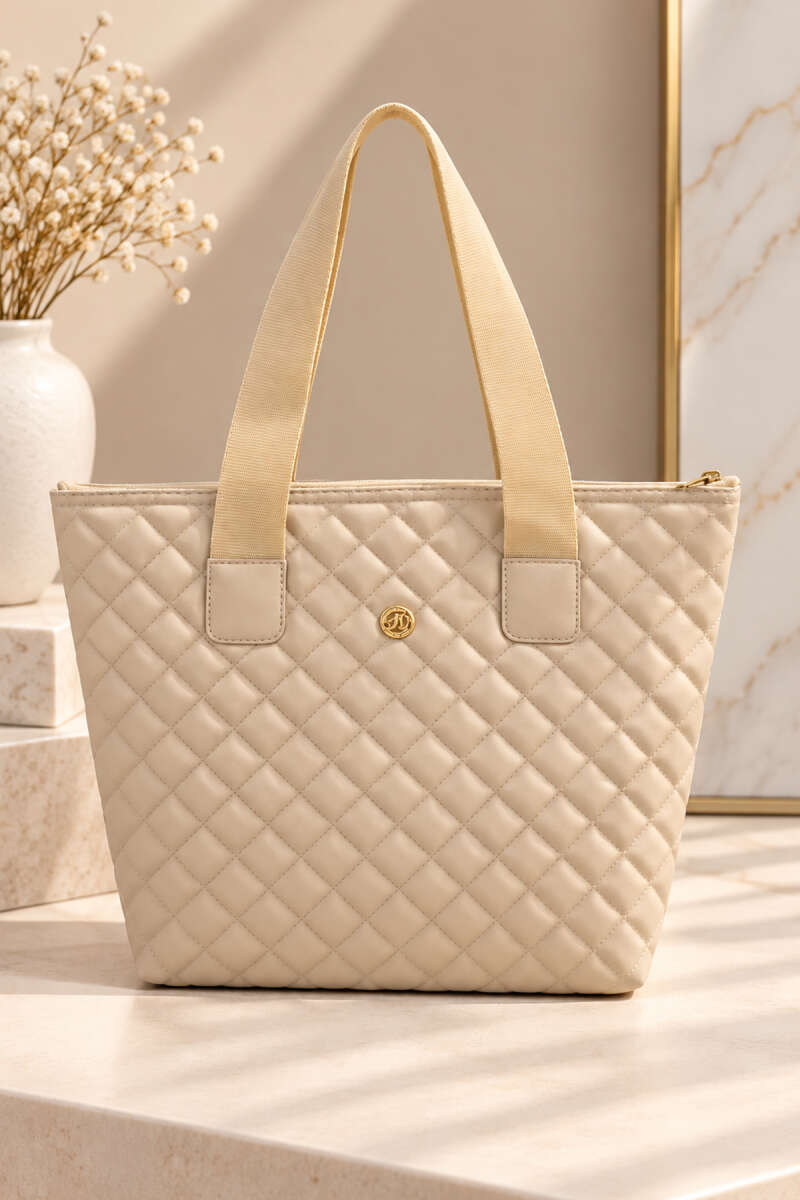 Women's Quilted Zip-Closure Handbag Cream