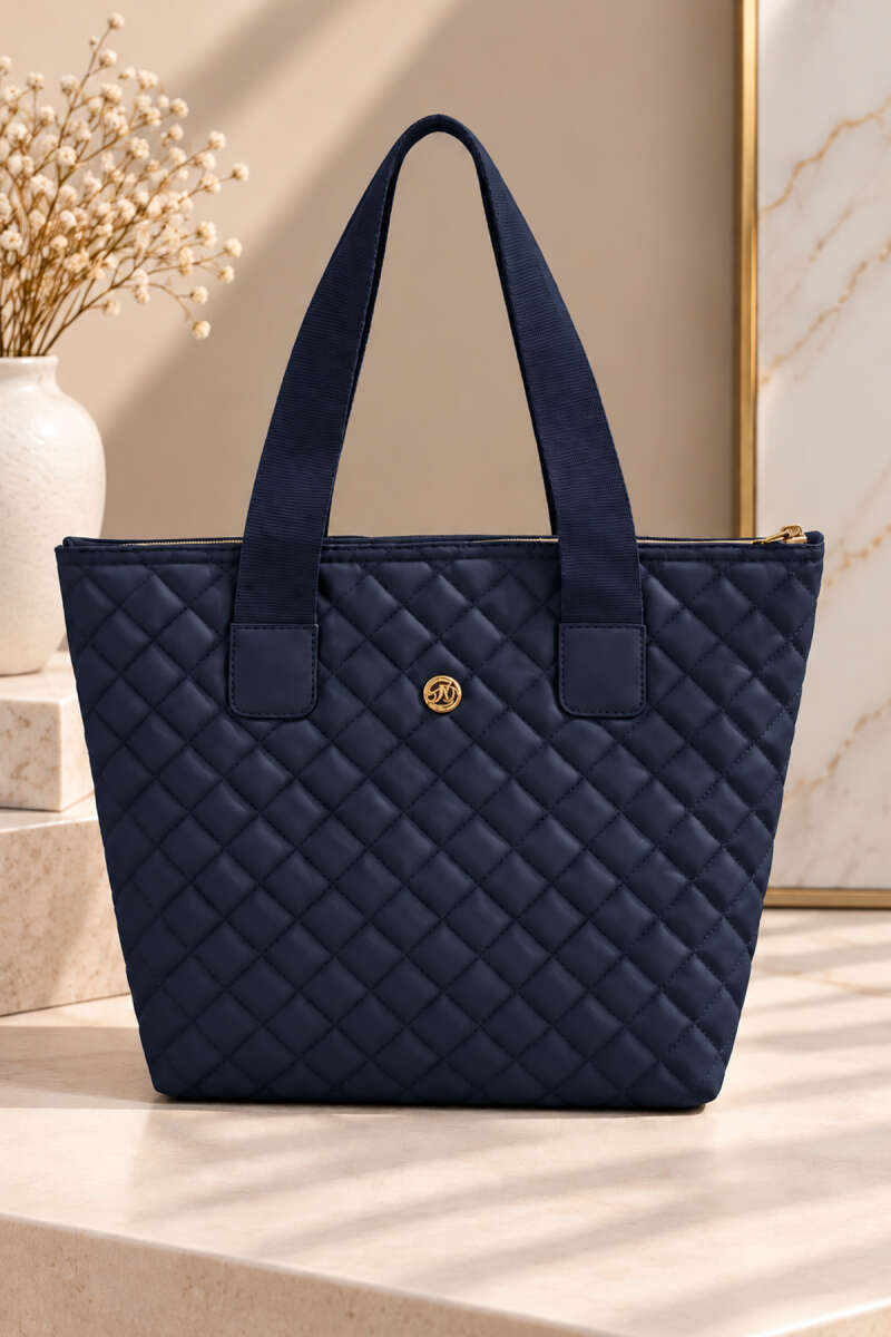Women's Quilted Zip-Closure Handbag Navy Blue