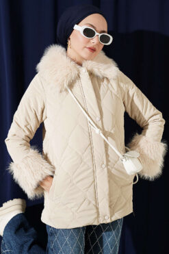 Puffer Coat with Fur Detailing Beige