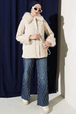 Alternative view of Puffer Coat with Fur Detailing Beige
