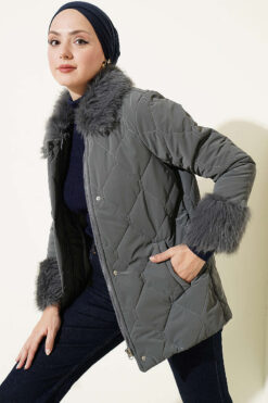 Puffer Coat with Fur Detailing Grey