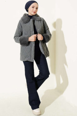 Alternative view of Puffer Coat with Fur Detailing Grey