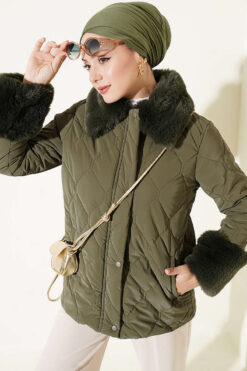 Puffer Coat with Fur Detailing Khaki