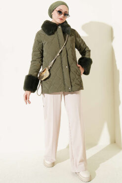Alternative view of Puffer Coat with Fur Detailing Khaki