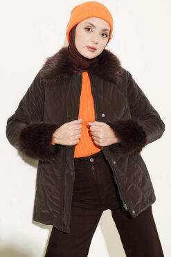 Puffer Coat with Fur Detailing Brown