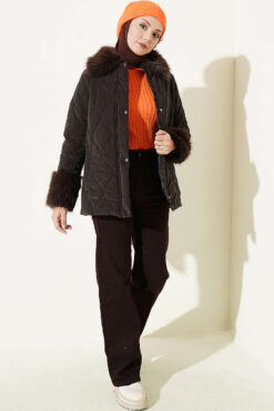 Alternative view of Puffer Coat with Fur Detailing Brown