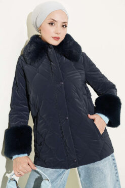 Puffer Coat with Fur Detailing Navy Blue